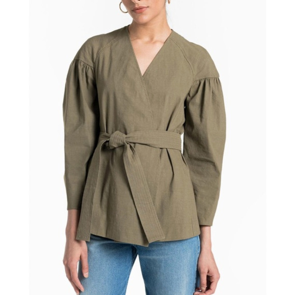 ALC Kendrick Blazer Jacket Womens 4 Green Belted Puff Sleeve Linen Blend Minimal - Picture 3 of 16